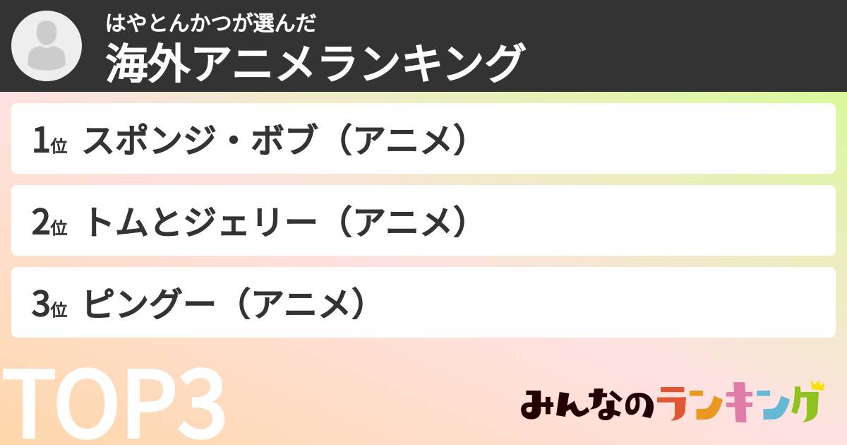 はやとんかつさんの「海外アニメランキング」