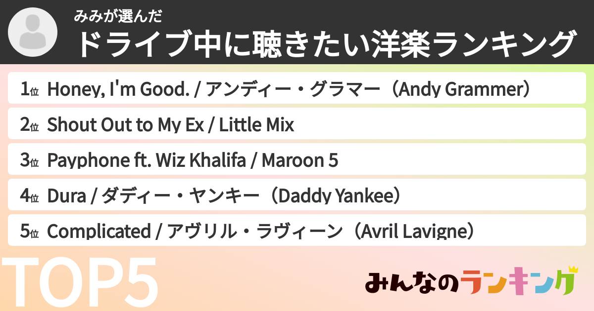 みみさんの「ドライブ中に聴きたい洋楽ランキング」