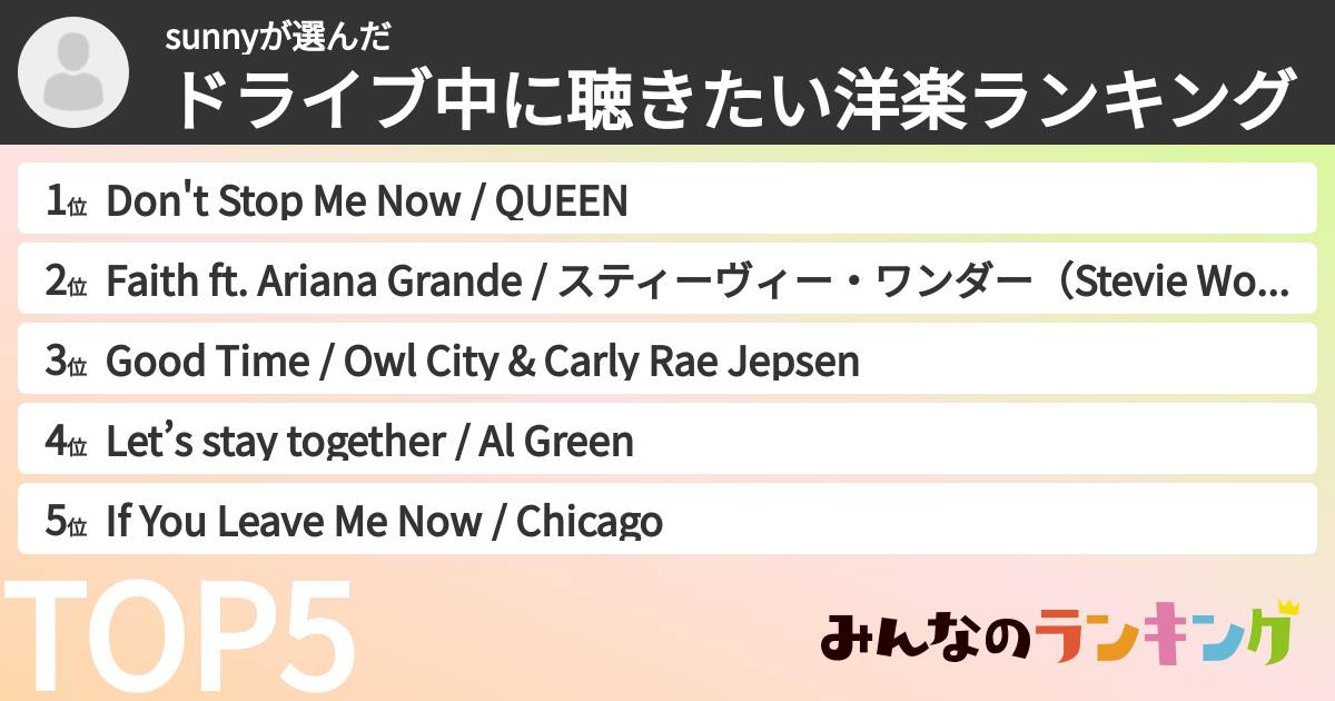 sunnyさんの「ドライブ中に聴きたい洋楽ランキング」