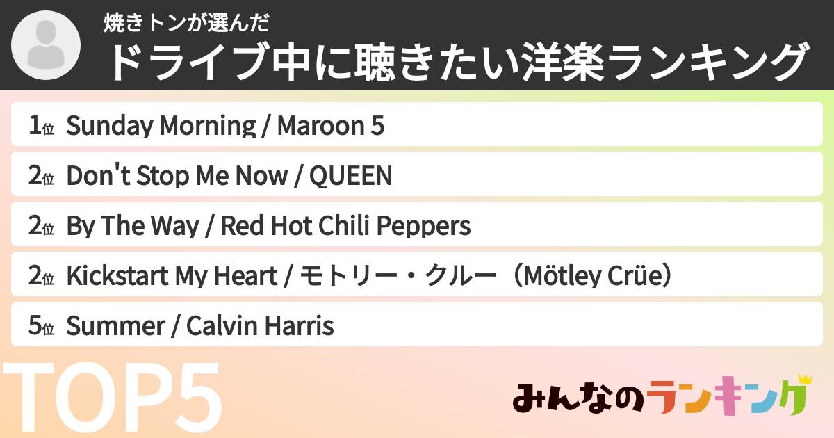 焼きトンさんの「ドライブ中に聴きたい洋楽ランキング」