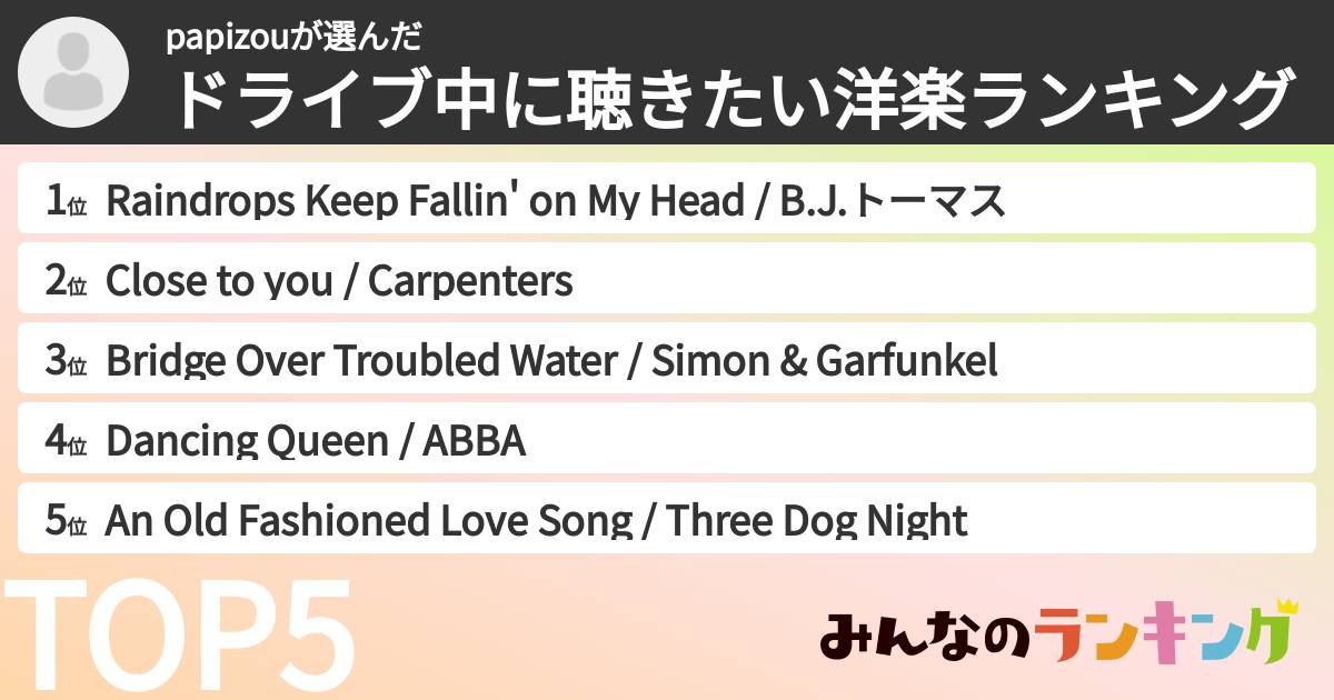 papizouさんの「ドライブ中に聴きたい洋楽ランキング」