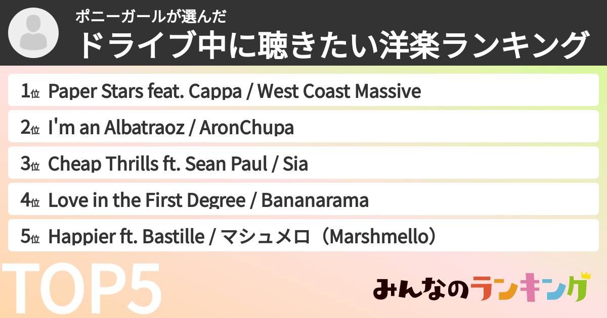 ポニーガールさんの「ドライブ中に聴きたい洋楽ランキング」