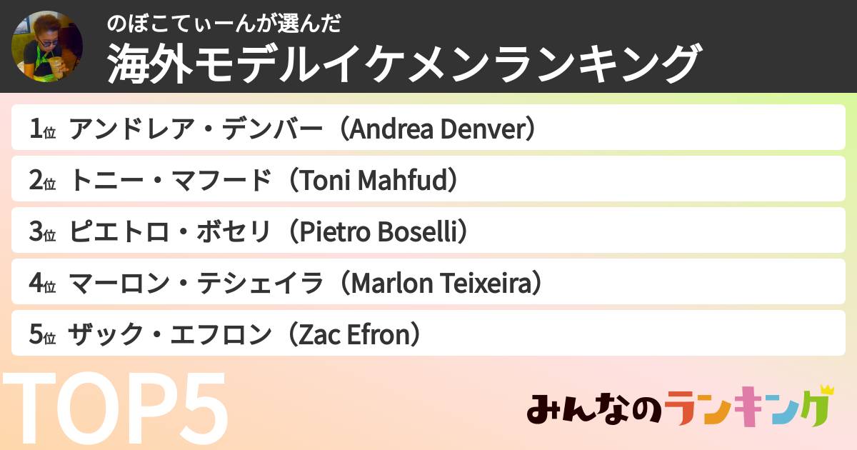 のぼこてぃーんさんの「海外モデルイケメンランキング」