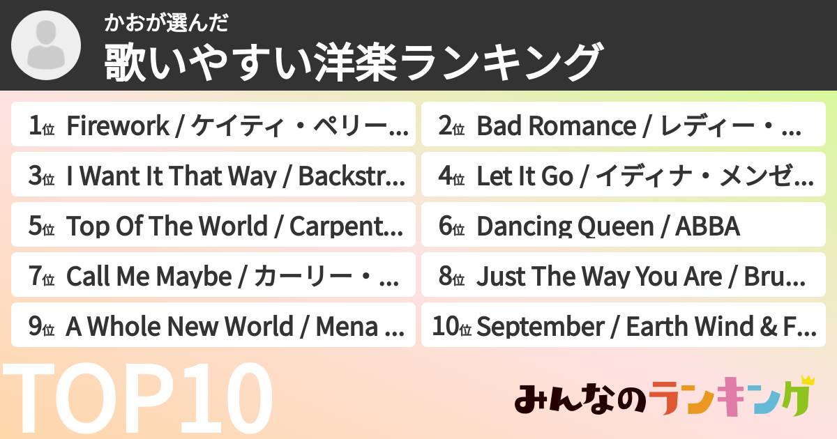 かおさんの「歌いやすい洋楽ランキング」