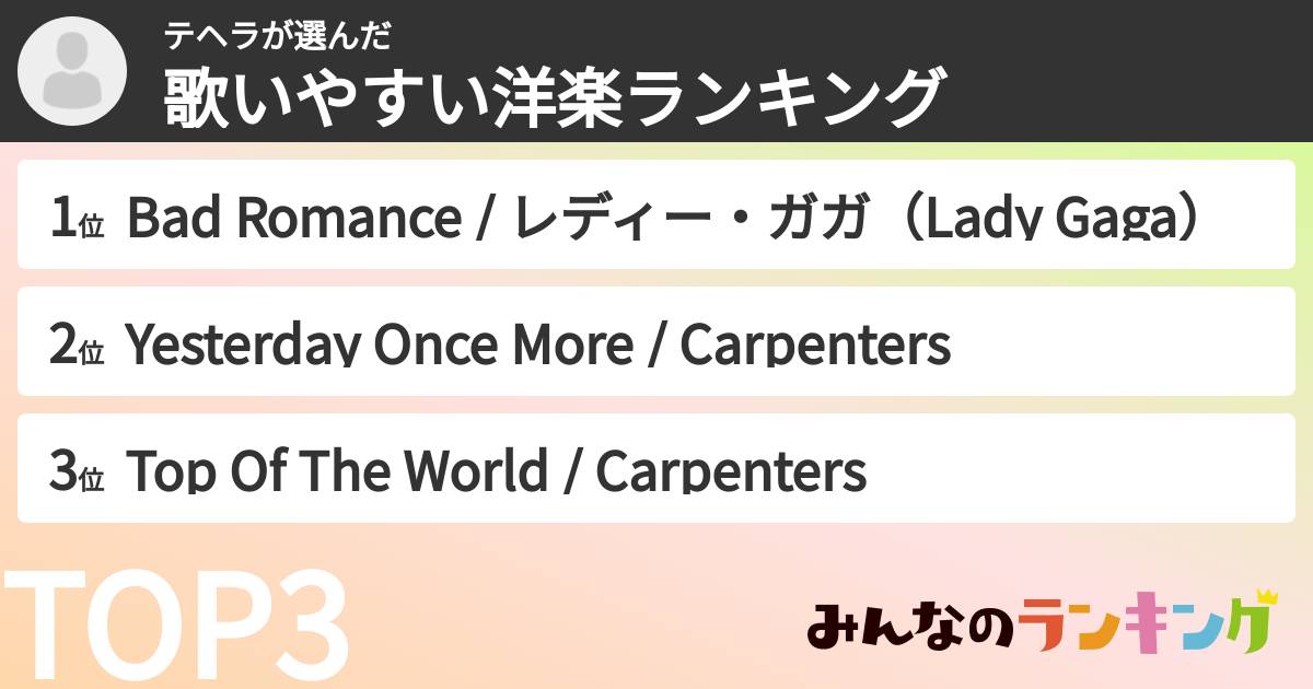 テヘラさんの「歌いやすい洋楽ランキング」