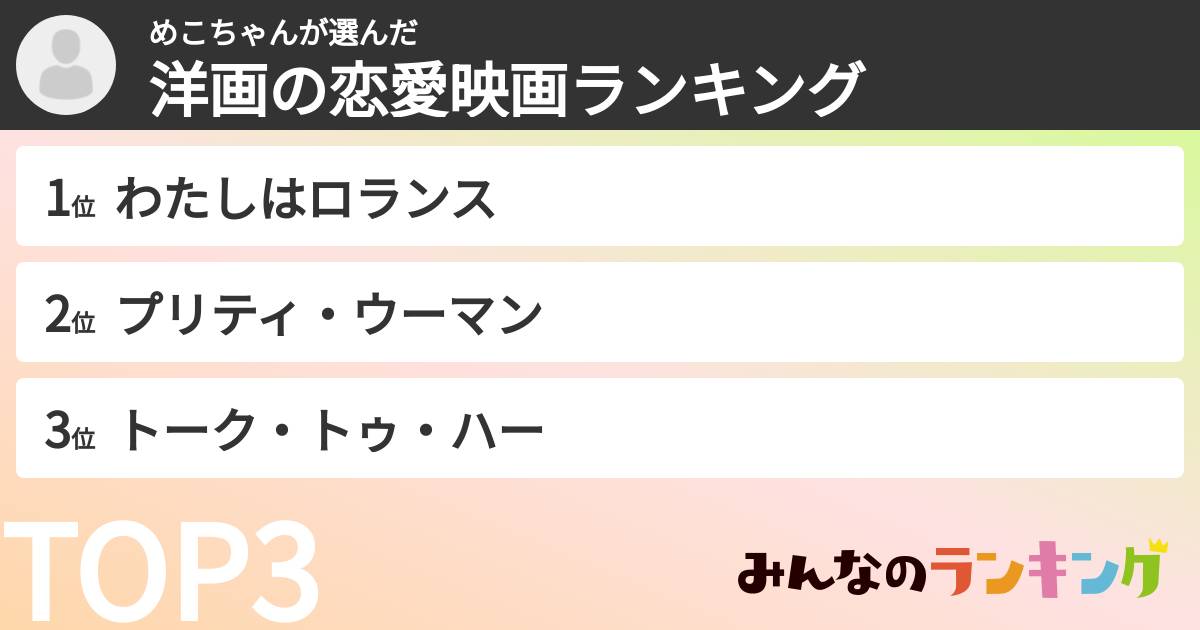 めこちゃんさんの「洋画の恋愛映画ランキング」