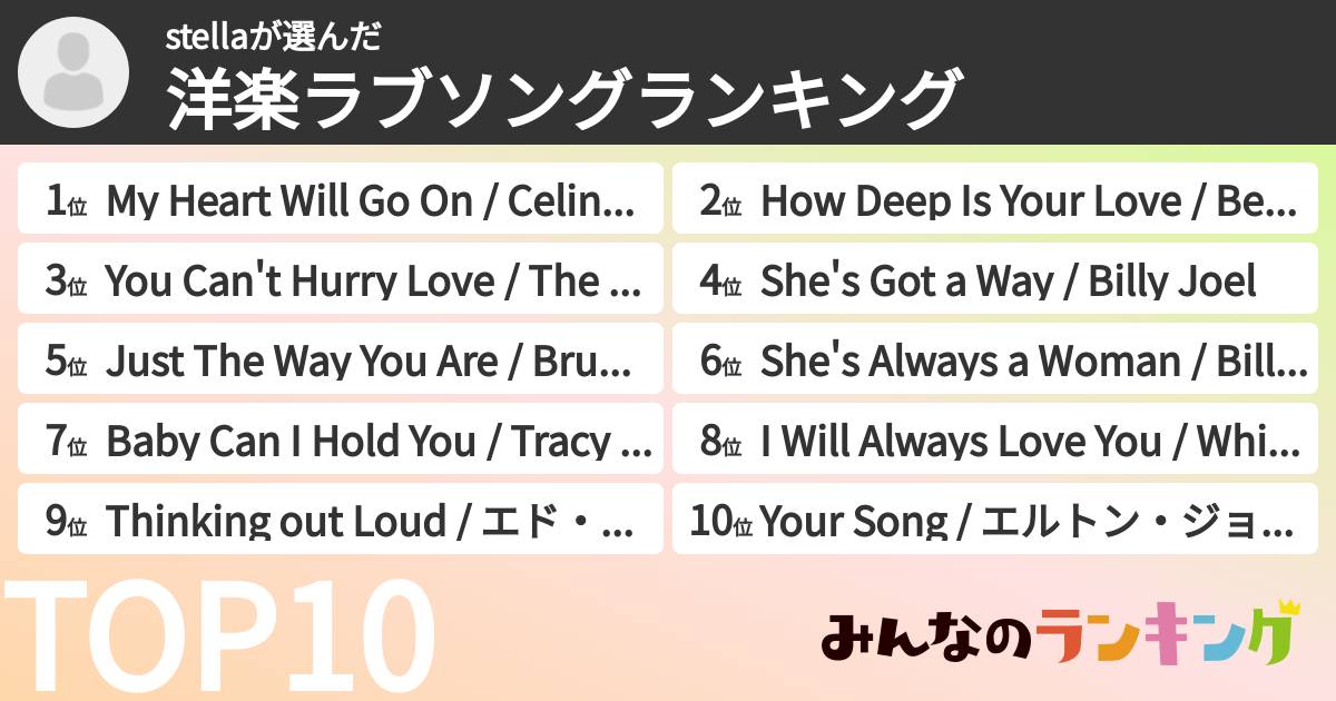 stellaさんの「洋楽ラブソングランキング」