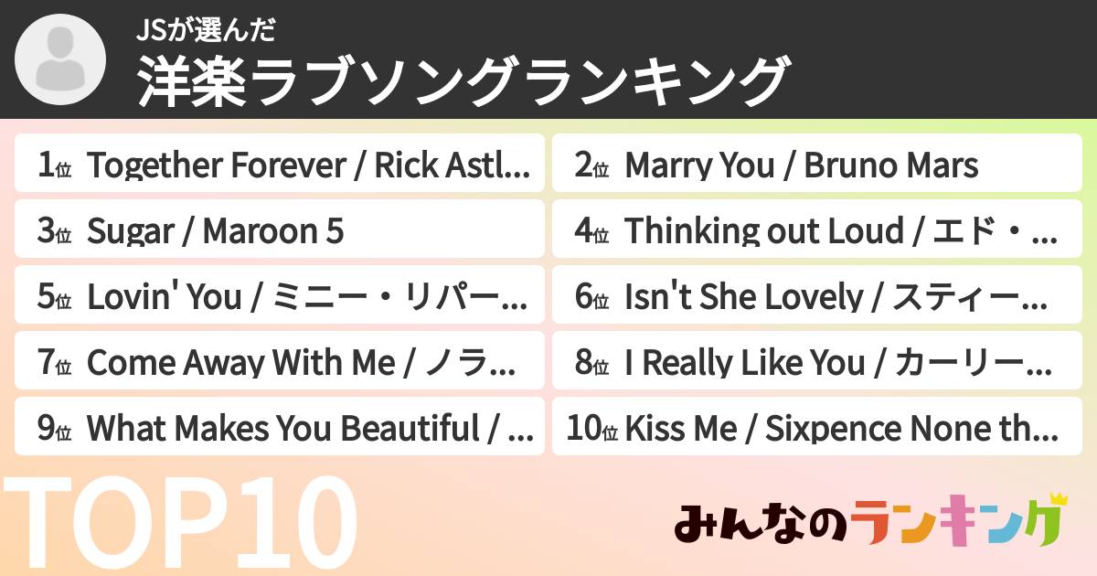 JSさんの「洋楽ラブソングランキング」