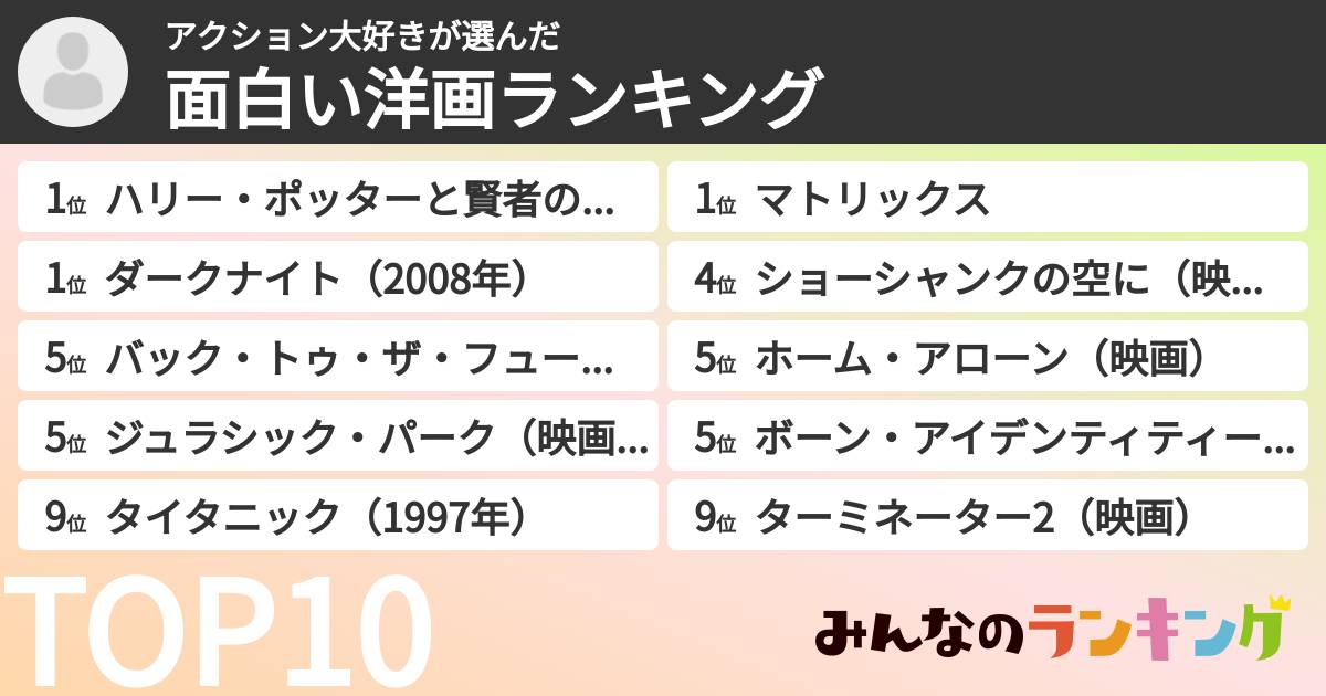 アクション大好きさんの「面白い洋画ランキング」