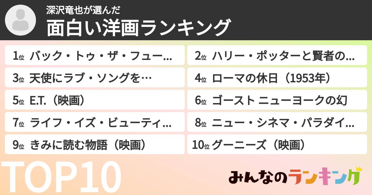 深沢竜也さんの「面白い洋画ランキング」