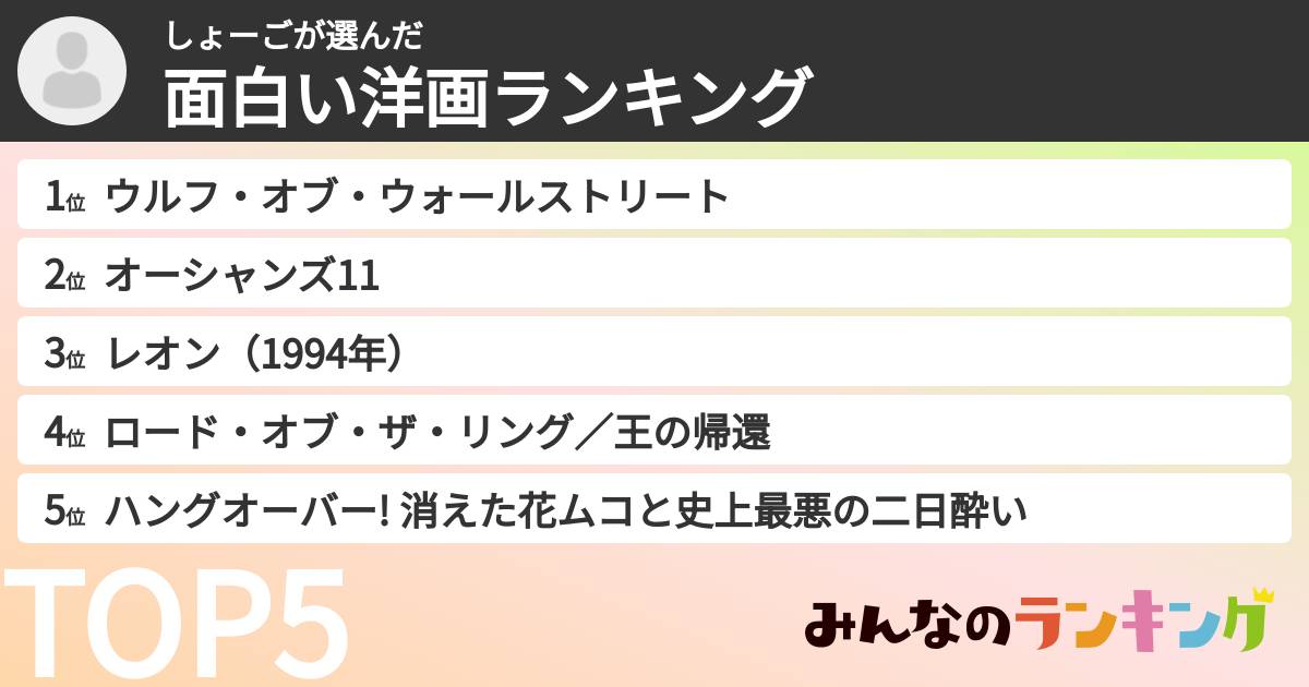 しょーごさんの「面白い洋画ランキング」