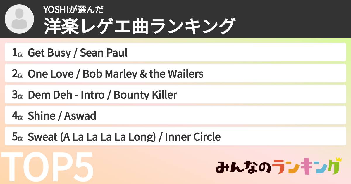 YOSHIさんの「洋楽レゲエ曲ランキング」