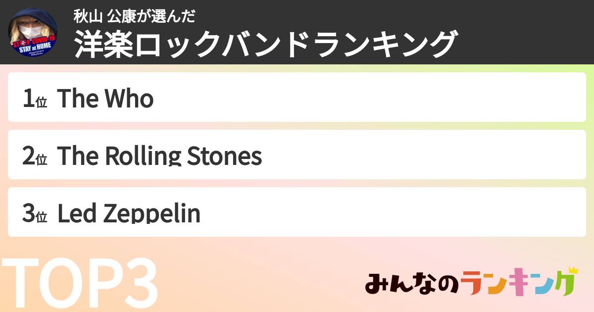 秋山 公康さんの「洋楽ロックバンドランキング」