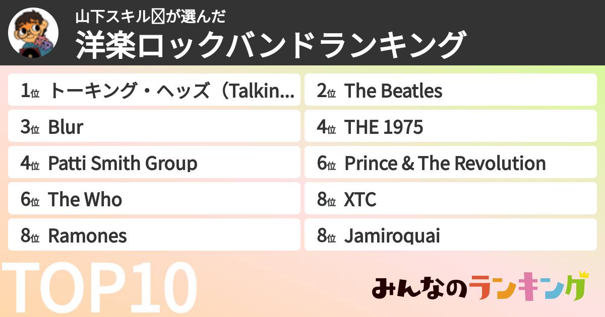 山下スキル☪さんの「洋楽ロックバンドランキング」