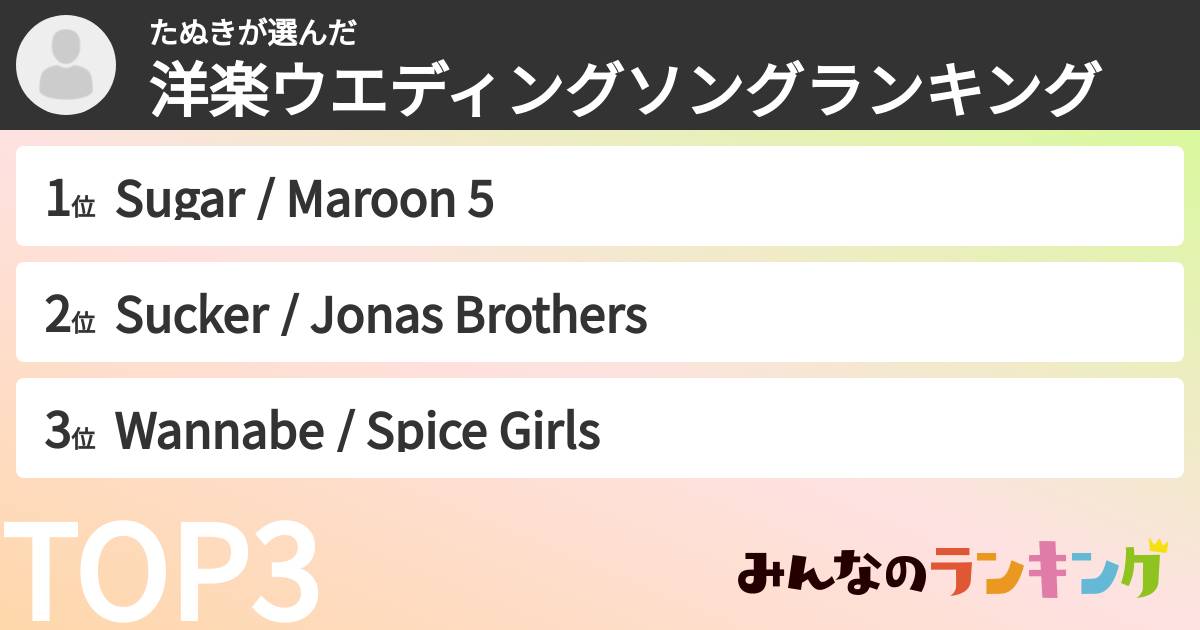 たぬきさんの「洋楽ウエディングソングランキング」