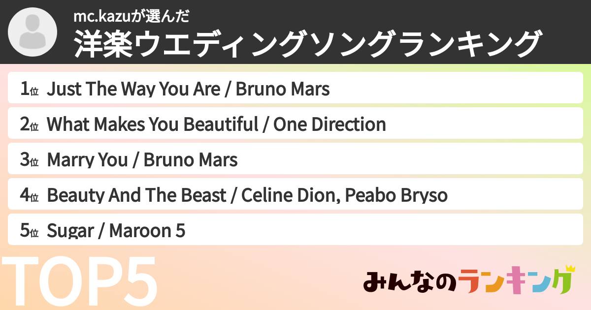 mc.kazuさんの「洋楽ウエディングソングランキング」