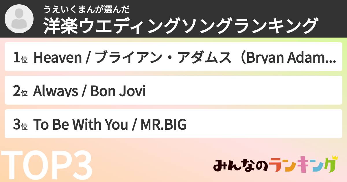 うえいくまんさんの「洋楽ウエディングソングランキング」