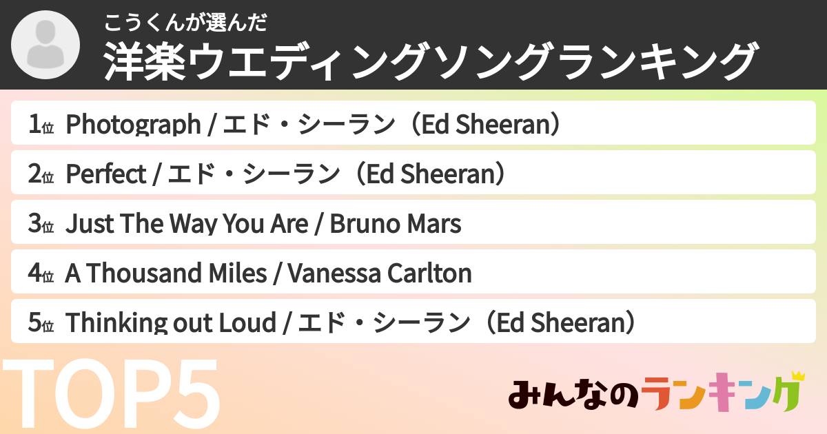 こうくんさんの「洋楽ウエディングソングランキング」