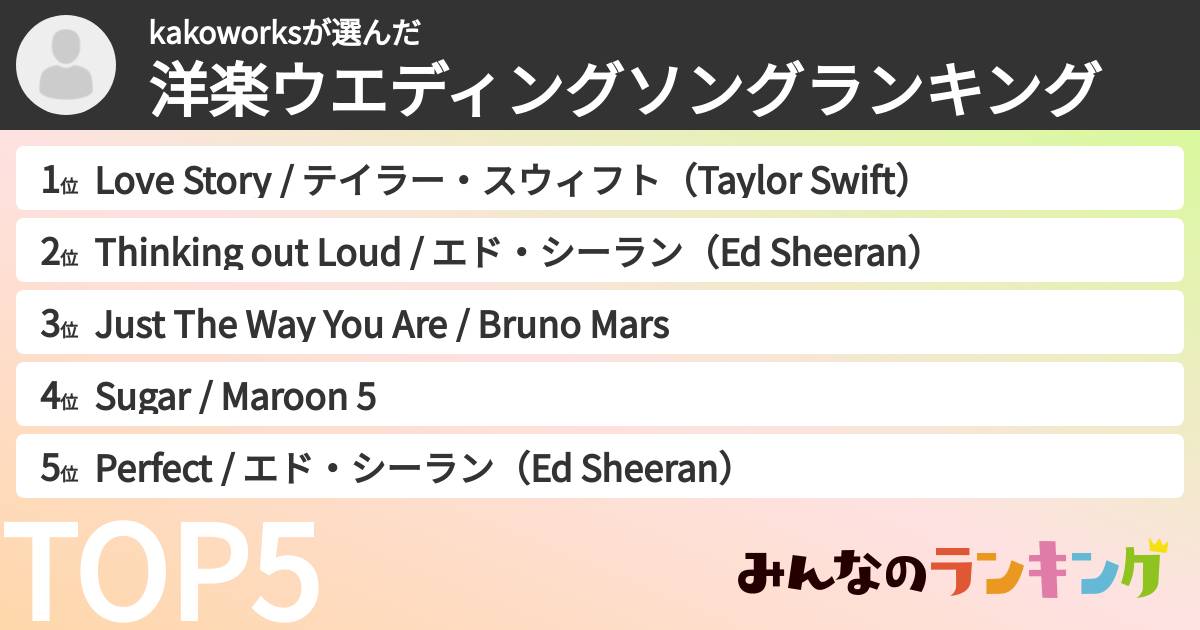 kakoworksさんの「洋楽ウエディングソングランキング」
