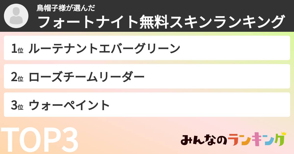 鳥帽子様さんの「フォートナイト無料スキンランキング」