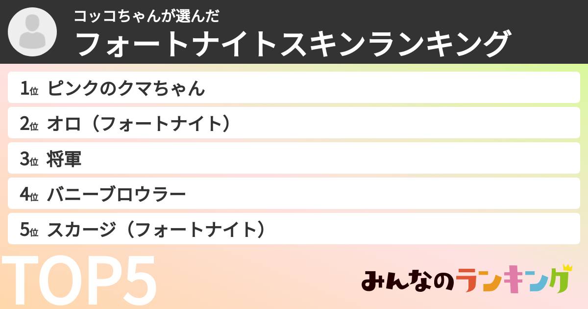 コッコちゃんさんの「フォートナイトスキンランキング」