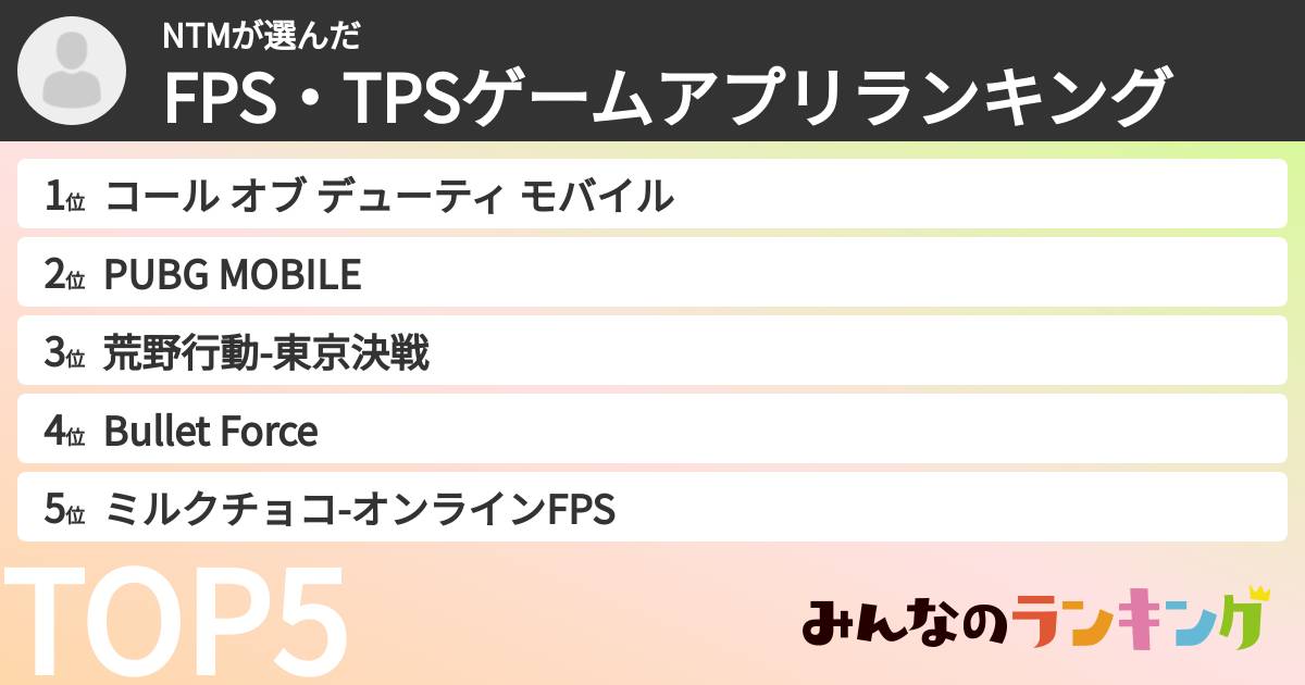 NTMさんの「FPS・TPSゲームアプリランキング」