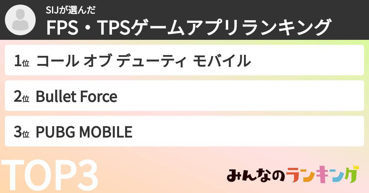 SIJさんの「FPS・TPSゲームアプリランキング」