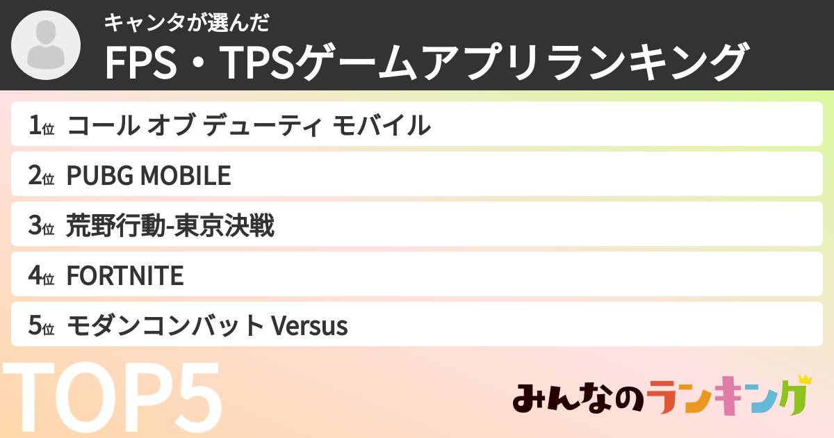 キャンタさんの「FPS・TPSゲームアプリランキング」