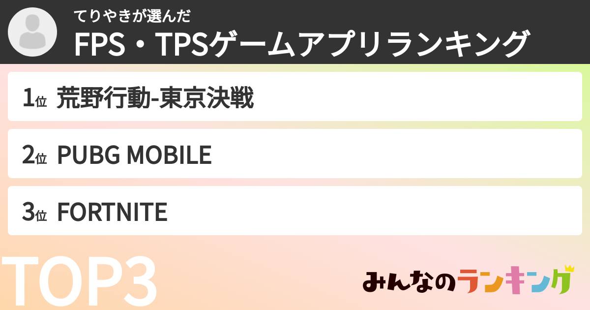 てりやきさんの「FPS・TPSゲームアプリランキング」