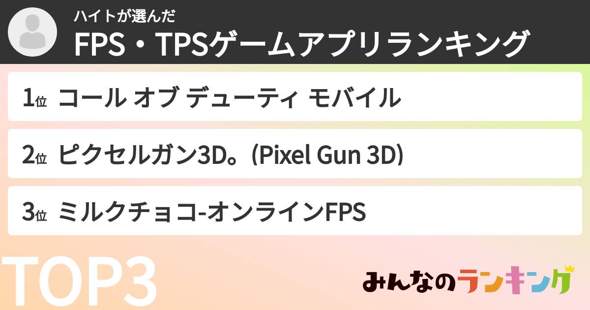 ハイトさんの「FPS・TPSゲームアプリランキング」