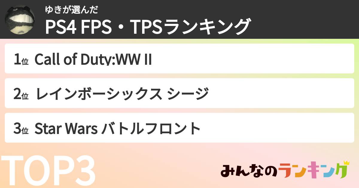 ゆきさんの「PS4 FPS・TPSランキング」