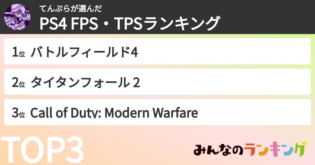 てんぷらさんの「PS4 FPS・TPSランキング」