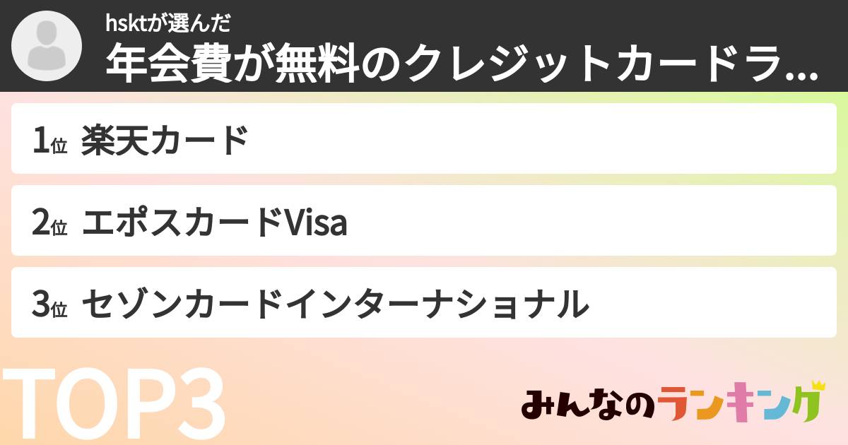 hsktさんの「年会費が無料のクレジットカードランキング」