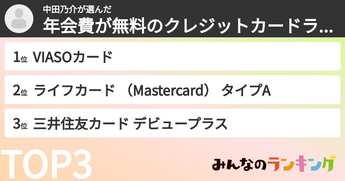 中田乃介さんの「年会費が無料のクレジットカードランキング」