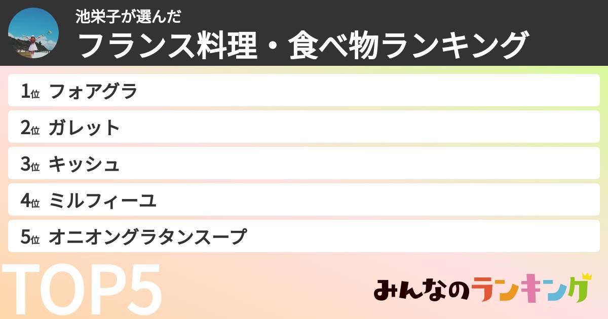 池栄子さんの「フランス料理・食べ物ランキング」