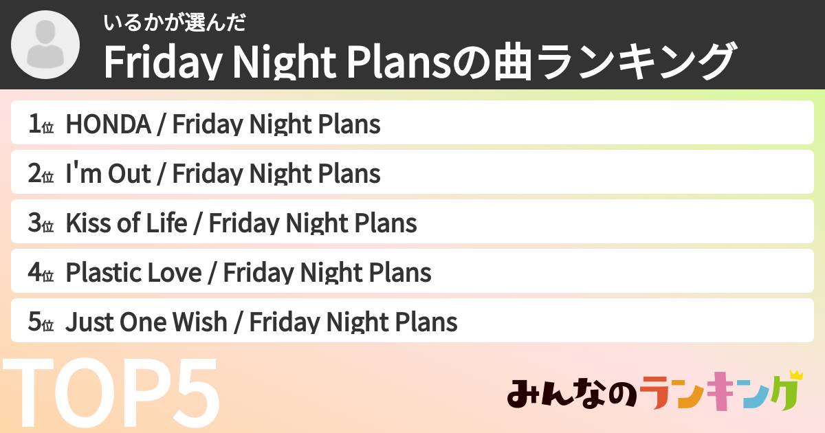 いるかさんの「Friday Night Plansの曲ランキング」