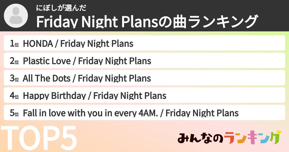 にぼしさんの「Friday Night Plansの曲ランキング」