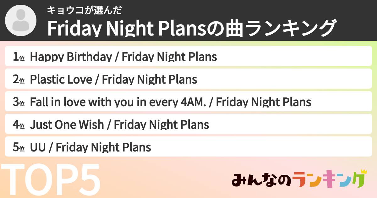 キョウコさんの「Friday Night Plansの曲ランキング」