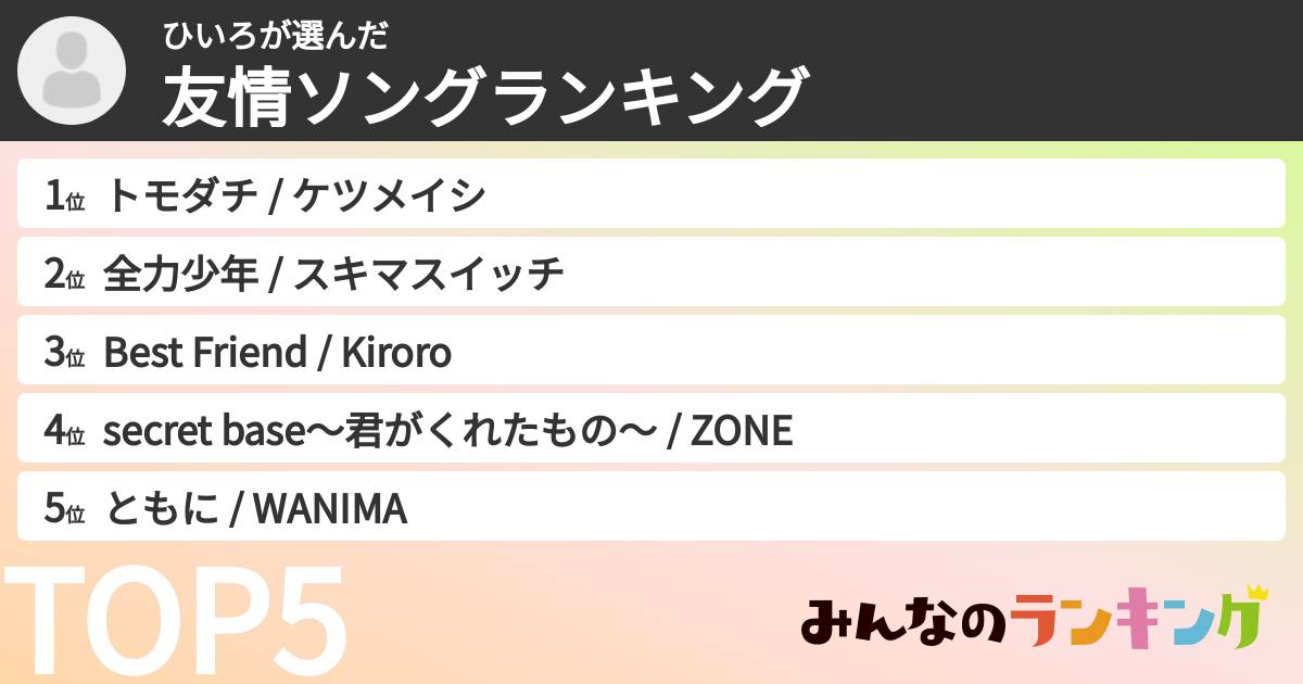 ひいろさんの「友情ソングランキング」