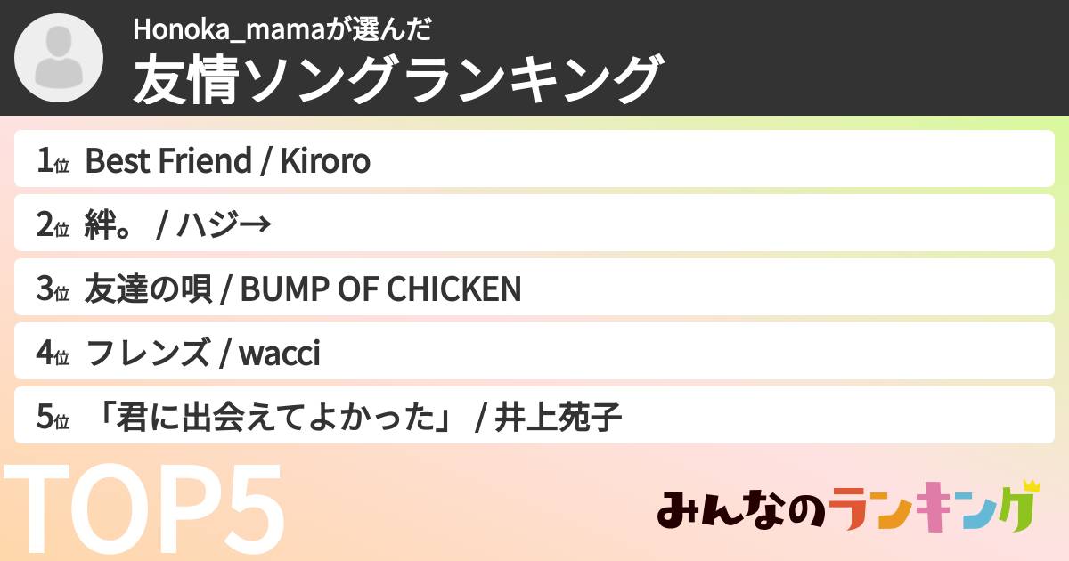 Honoka_mamaさんの「友情ソングランキング」