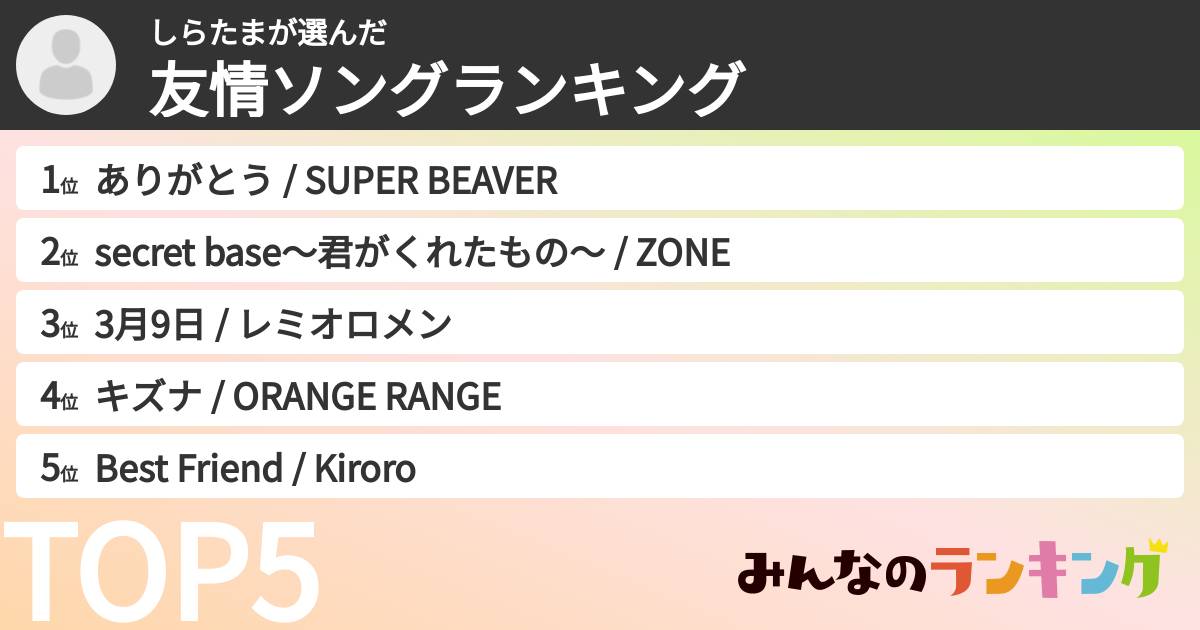 しらたまさんの「友情ソングランキング」