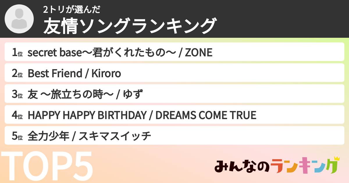 2トリさんの「友情ソングランキング」