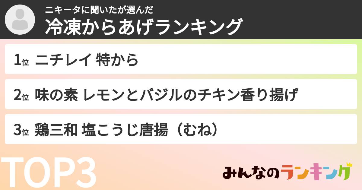 ニキータに聞いたさんの「冷凍からあげランキング」