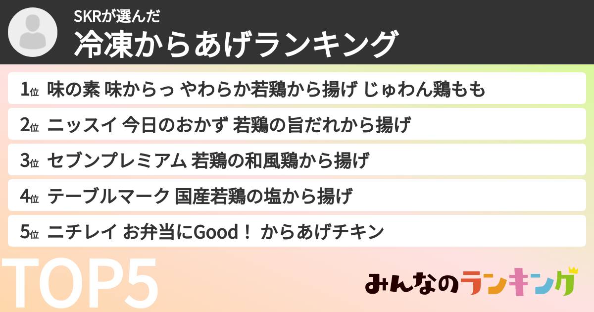 SKRさんの「冷凍からあげランキング」