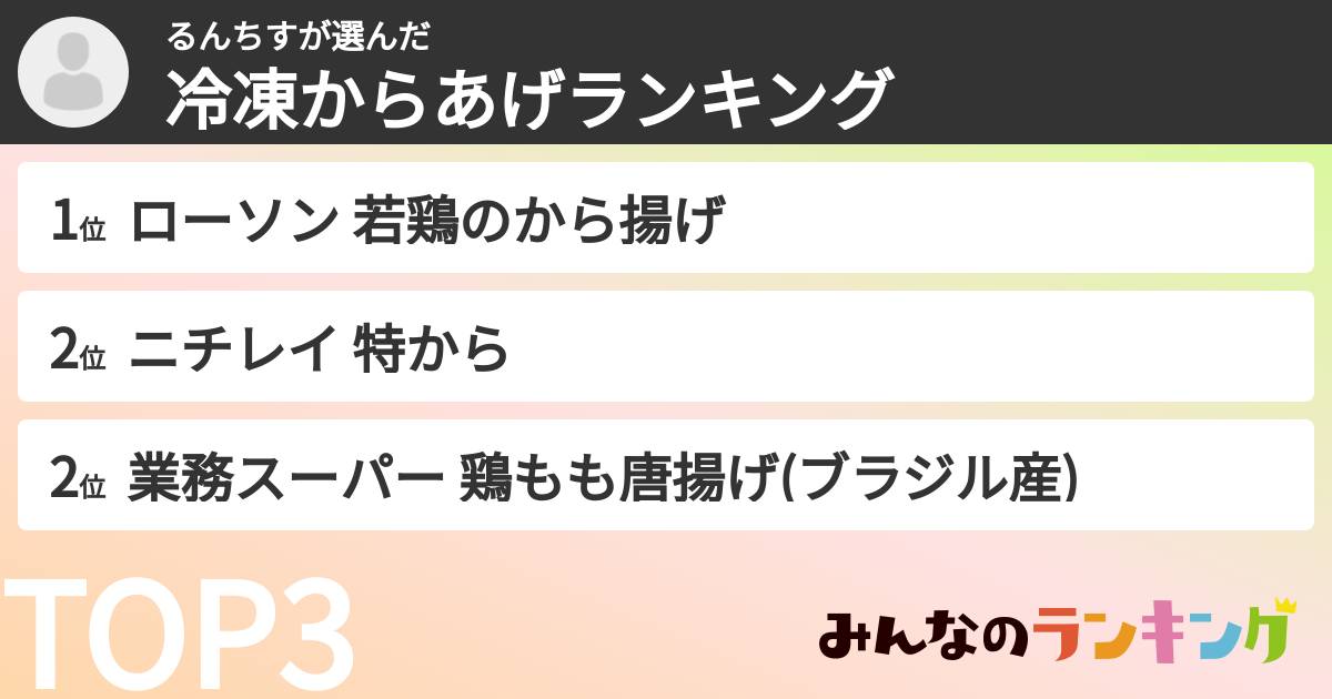 るんちすさんの「冷凍からあげランキング」