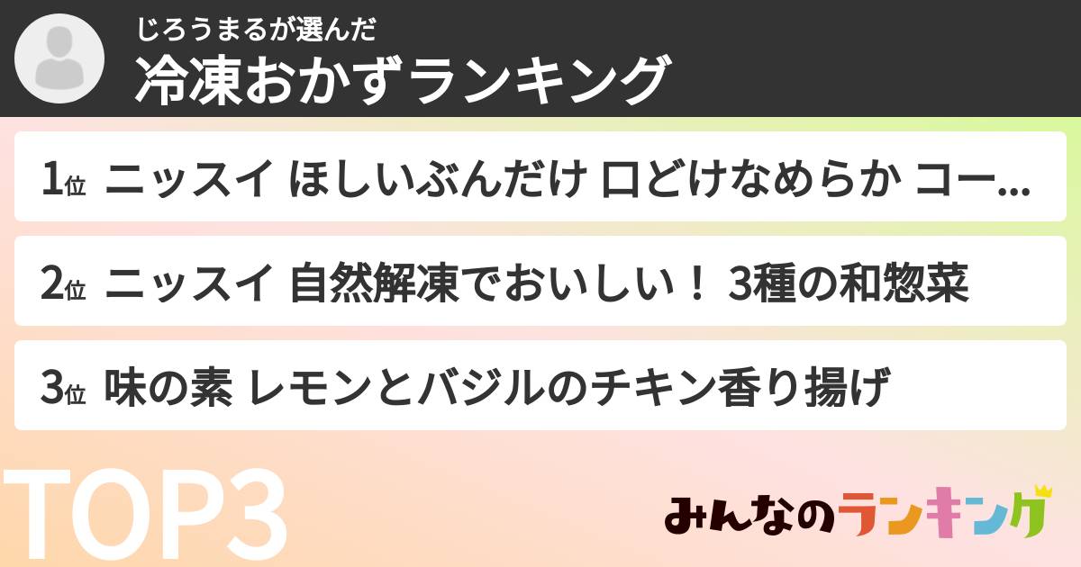 じろうまるさんの「冷凍おかずランキング」