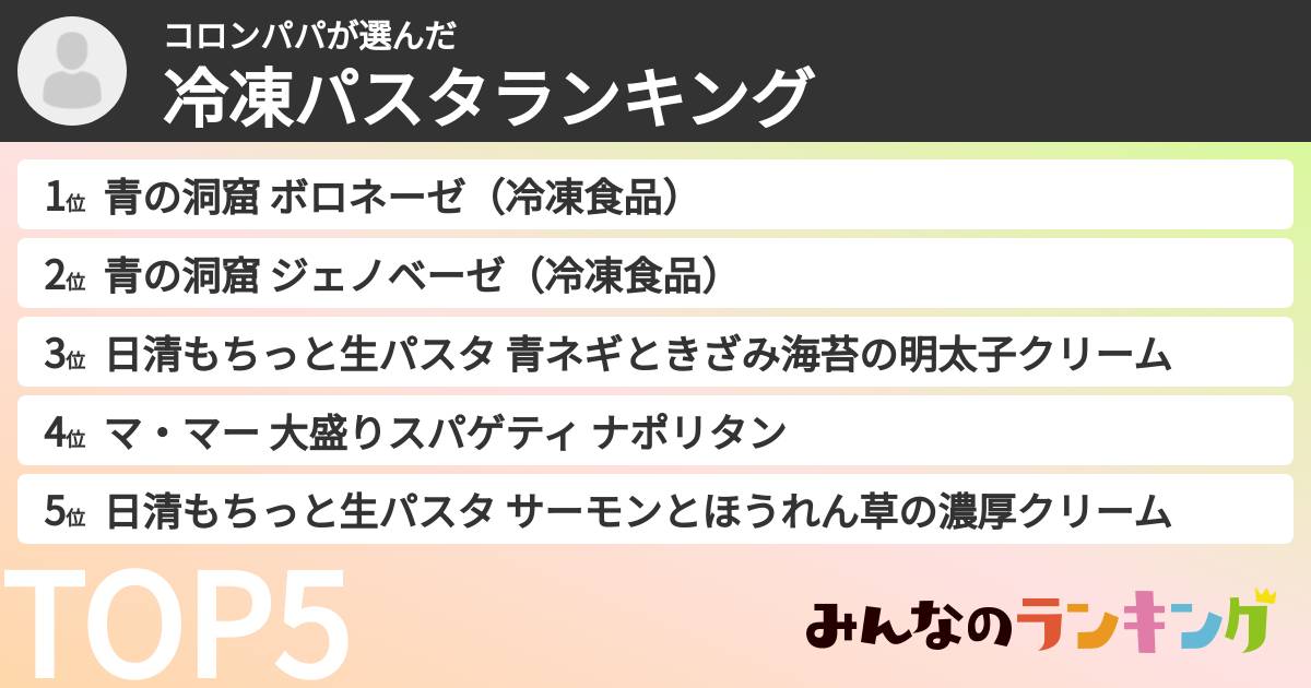 コロンパパさんの「冷凍パスタランキング」