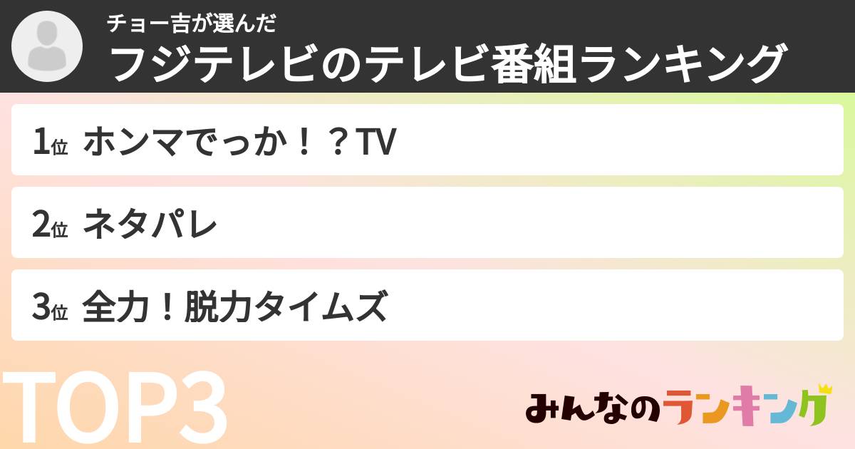 チョー吉さんの「フジテレビのテレビ番組ランキング」