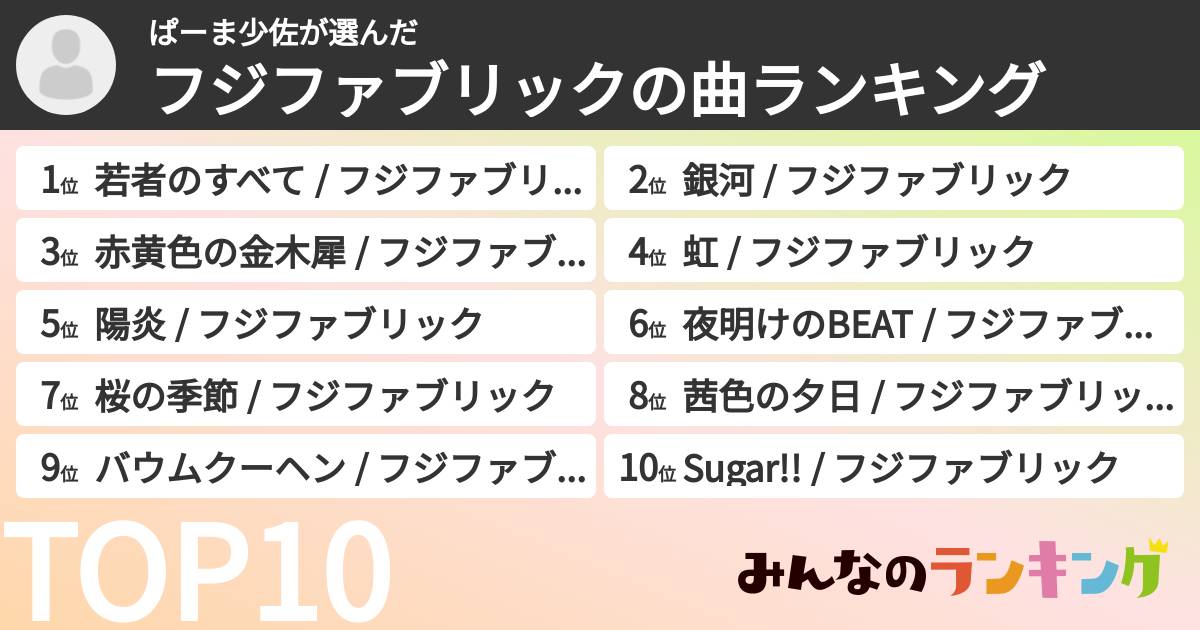 ぱーま少佐さんの「フジファブリックの曲ランキング」