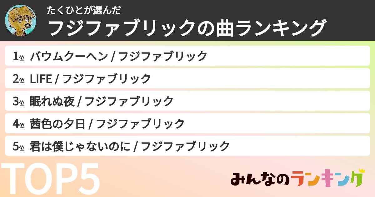 たくひとさんの「フジファブリックの曲ランキング」